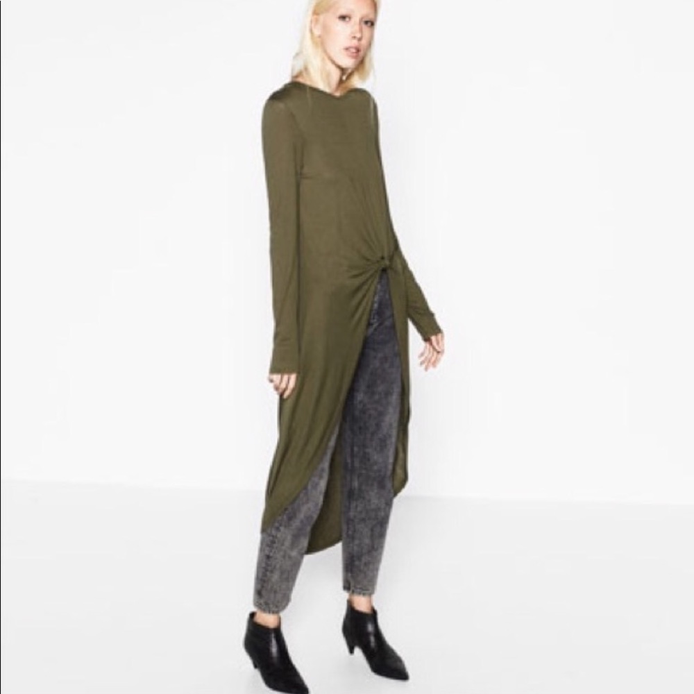 Zara High-Low Long-Sleeve Olive Shirt with Knot